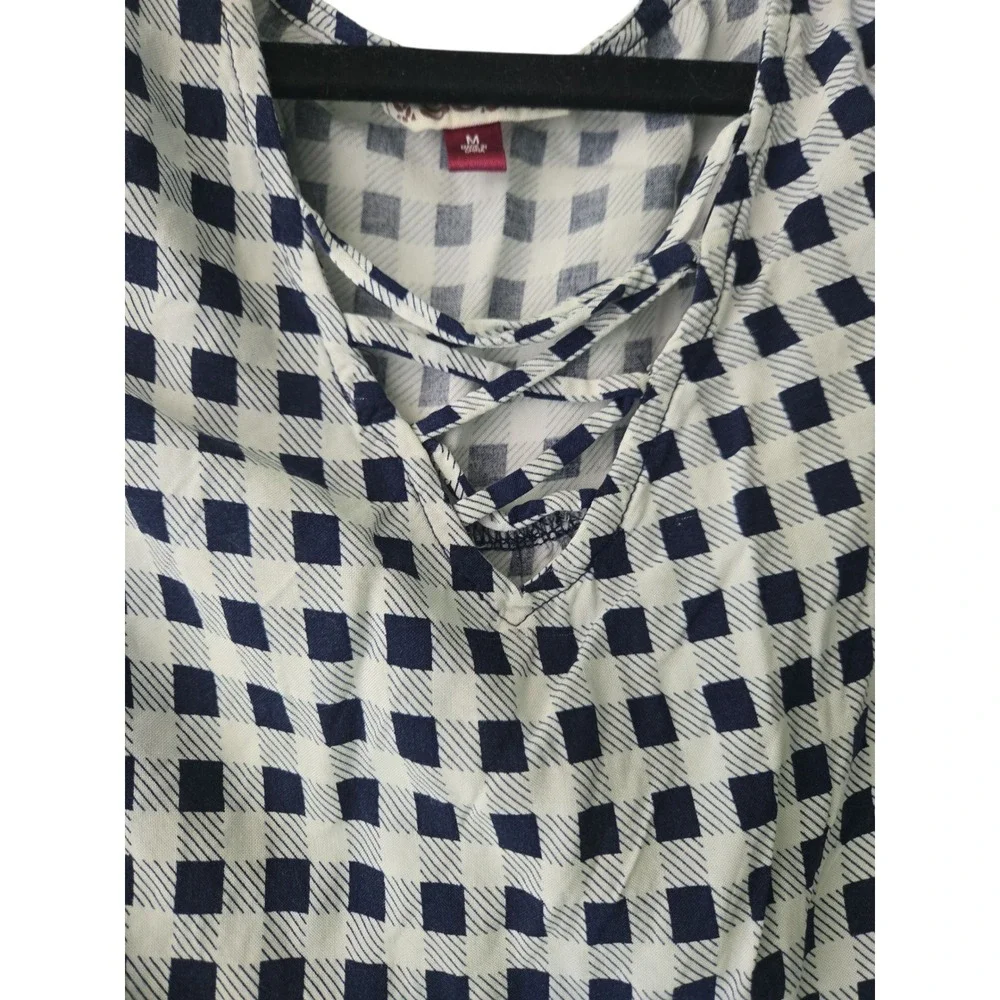 SO Women's Cold Shoulder Top Blouse Medium White Navy Gingham Plaid - Picture 4 of 8
